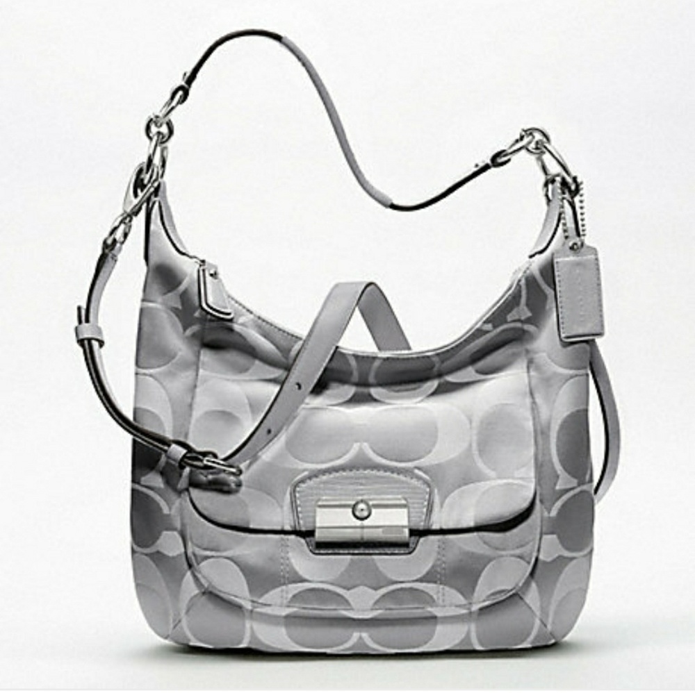 Grey Coach Bag. KRISTIN SIGNATURE SATEEN HOBO
